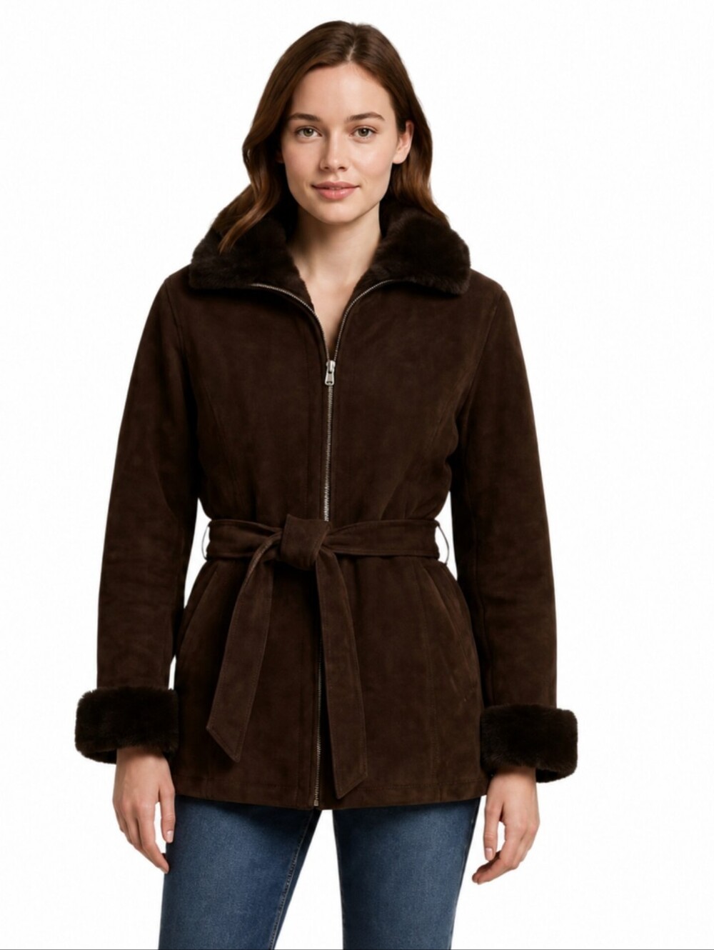 Wilsons Leather Brown Faux Fur Collar Cuffs Suede Leather Coat